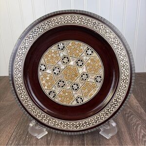 Egyptian Wooden Hand Inlaid Mother of Pearl Brown Wall Hanging Plate 10"